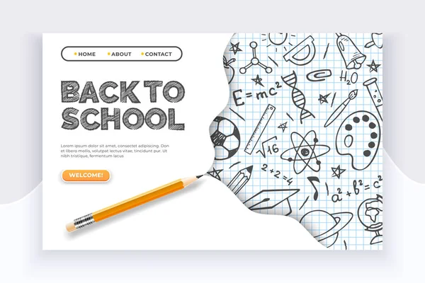 Back to school banner. Hand drawn educational supplies on list sheet and a pencil. Back to school education concept — Stock Vector