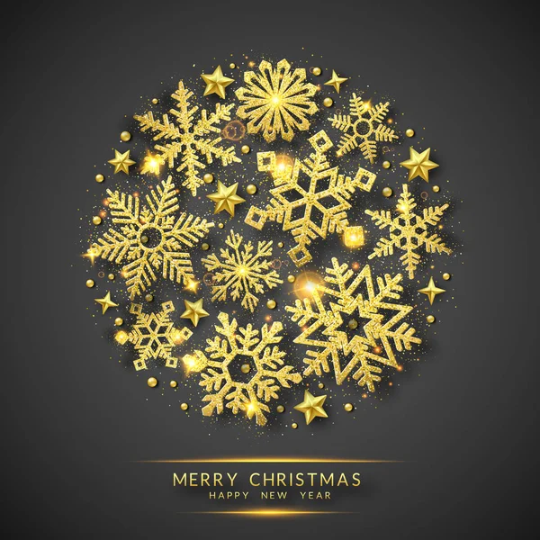 輝く黄金の雪と雪とクリスマスの背景。円の形状。黒の背景にメリークリスマスカードのイラスト。きらめく質感の輝く黄金の雪片 — ストックベクタ