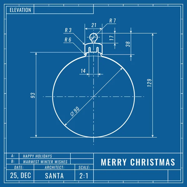 技術的な青写真の描画としてクリスマスボール。クリスマスの技術的な概念。機械工学の図面。クリスマスと新年のバナー、表紙、ポスター、チラシやグリーティングカード — ストックベクタ