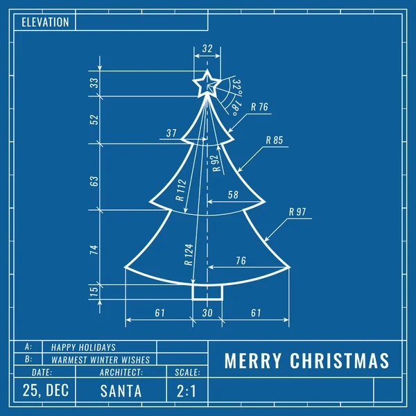 技術的な青写真の図面としてクリスマスツリー。クリスマスの技術的な概念。機械工学の図面。クリスマスと新年のバナー、表紙、ポスター、チラシやグリーティングカード — ストックベクタ