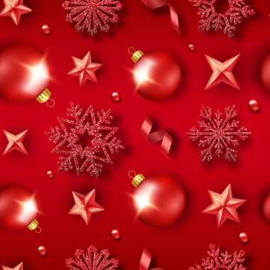 Parlak kar taneleri, toplar, yıldızlar, kurdeleler ve renkli konfetilerle kusursuz bir Noel deseni. Kırmızı arkaplanda yeni yıl kartı illüstrasyonu