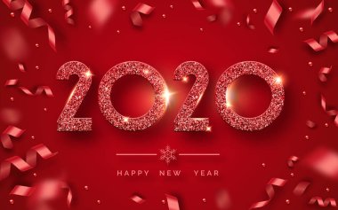 Mutlu yıllar 2020. Parlak rakamlar ve kurdelelerle donatılmış bir arka plan. Kırmızı arka planda yeni yıl ve yılbaşı kartı illüstrasyonları. 2020 kırmızı desenli sayıların tatil illüstrasyonu