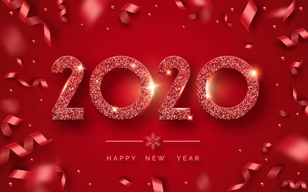 Mutlu yıllar 2020. Parlak rakamlar ve kurdelelerle donatılmış bir arka plan. Kırmızı arka planda yeni yıl ve yılbaşı kartı illüstrasyonları. 2020 kırmızı desenli sayıların tatil illüstrasyonu — Stok Vektör