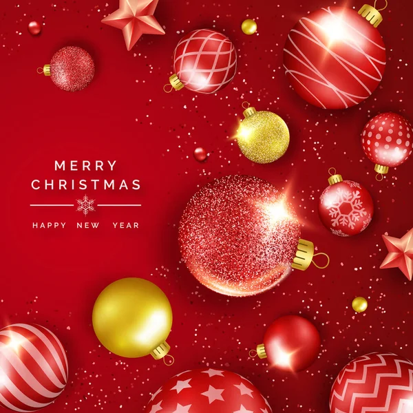 Χριστουγεννιάτικο φόντο με λαμπερά αστέρια, κομφετί και πολύχρωμες μπάλες. Νέο έτος και τα Χριστούγεννα κάρτα εικονογράφηση σε κόκκινο φόντο — Διανυσματικό Αρχείο