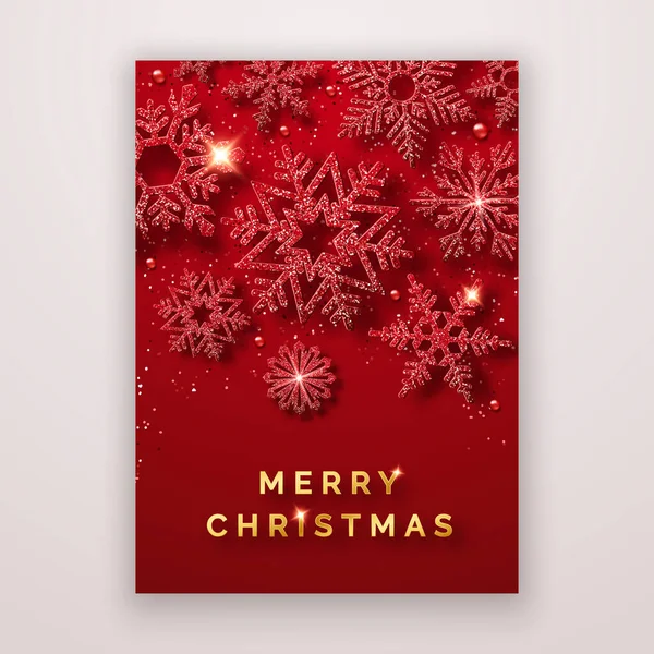 Χριστουγεννιάτικο φυλλάδιο. Ιστορικό με λαμπερές νιφάδες χιονιού και κομφετί. Νέο έτος και τα Χριστούγεννα κάρτα εικονογράφηση σε κόκκινο φόντο — Διανυσματικό Αρχείο