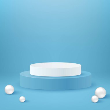 Gerçekçi silindir podyumu. Beyaz ve mavi podyum sahnesi ve 3D sergi. 3d geometrik şekiller vektör seti. Küreler ve kaide çemberi