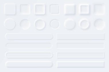 Nörofik UI UX beyaz kullanıcı arayüzü elemanları. Web siteleri, mobil menüler, navigasyon ve uygulamalar için kaydırıcılar. Beyaz ağ düğmeleri ve ui kaydırıcıları. Neumorphism biçimi