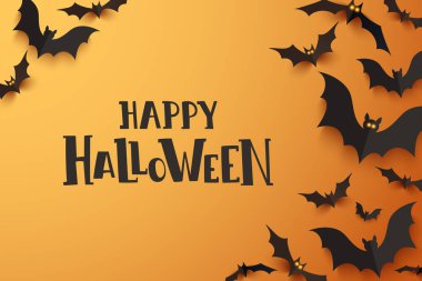 Parlayan gözlerle uçan siyah yarasalar ve turuncu arka planda Mutlu Cadılar Bayramı metinleri. Cadılar Bayramı selamlaması kavramı