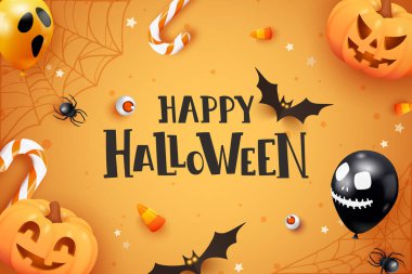 Cadılar Bayramı arkaplanı, balkabakları, yarasalar, şekerler, balonlar, örümcek ağları ve turuncu arka planda şenlikli dekorasyonlar. Tatil kutlaması kavramı