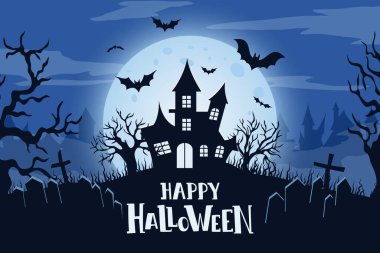 Perili ev silueti. Arka planda yarasalar, çıplak ağaçlar, haçlar ve dolunay var. Cadılar Bayramı kutlaması kavramı