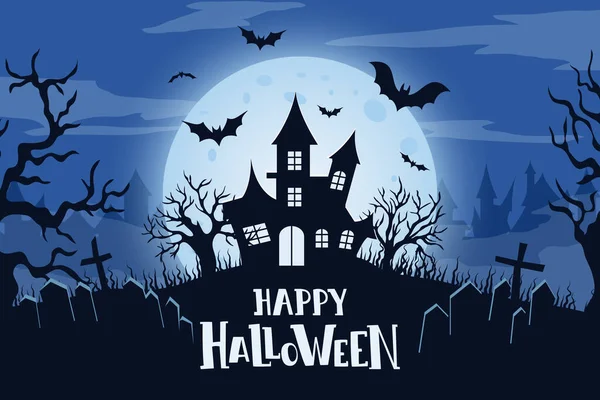 Perili ev silueti. Arka planda yarasalar, çıplak ağaçlar, haçlar ve dolunay var. Cadılar Bayramı kutlaması kavramı