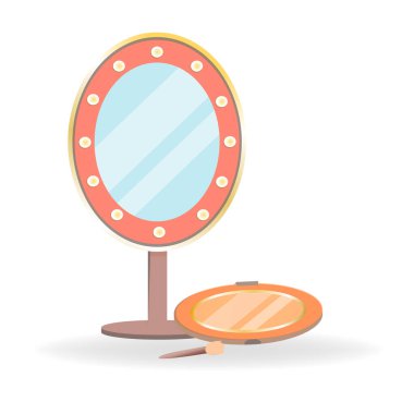 Çizgi film tarzında kozmetik ürünler. El fenerli ayna ve süngerli tenler paleti. Kızlar ve kadınlar için dekoratif kozmetik. Beyaz arka planda izole edilmiş kişisel bakım ürünleri.