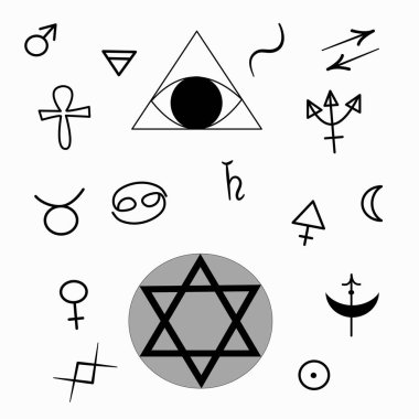 Kahramanlık mı? Kahramanlık işaretleri beyaz arka planda izole edilir. Siyahta, semboller pentagram, astrolojik işaretler, cinsiyet işaretleri ve üçgendeki bir göz..