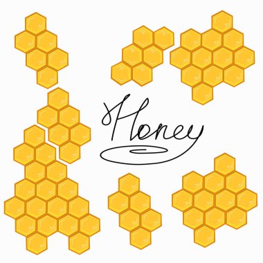 Bal yazıtları bal petekleriyle çevrili beyaz arka planda izole edilmiş. Bal petekleri her yönde birleştirilebilir. Çizgi film tarzında bal petekleri. Vektör olarak el çizimi harfi.