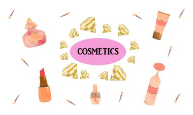 Ruj, parfüm şişesi, oje ve tüpten bir takım kozmetik ürünler. Çizgi film tarzında ayarlanmış. Set beyaz arka planda elmaslarla izole edilmiş. Kozmetik ürünlerinde parıltı ve altın mücevher.