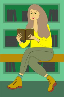 Elinde kitap olan bir kız öğrenci. Kitaplıkların arka planına karşı. Kütüphanedeki öğrenci. Düz bir tasvir. Bankta uzun saçlı bir kız. Modaya uygun çizmeler..