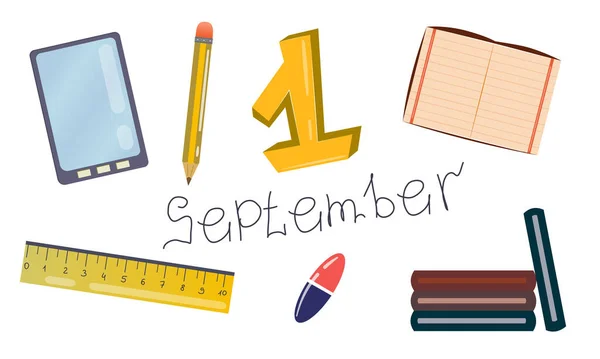 Setzen Sie Schul Und Bildungsmaterialien Mit Der Aufschrift September Isoliert — Stockvektor