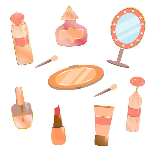 Set Cosmetics Cartoon Style Mirror Palette Eyeshadows Sponge Perfume Lipstick — Stock Vector