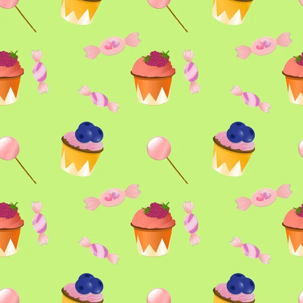 Desserts Seamless Pattern Cupcakes Lollipop Candies Background Pattern Cartoon Style — Stock Vector