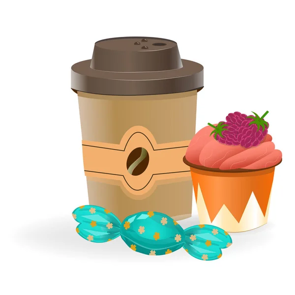 Xícara Café Com Cupcake Laranja Doces Isolados Fundo Branco Ilustração — Vetor de Stock