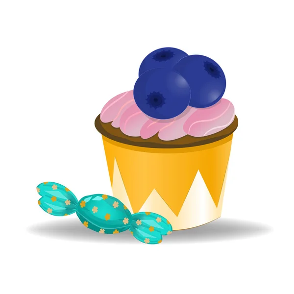 Cupcake Con Arándanos Caramelos Aislados Sobre Fondo Blanco Ilustración Estilo — Archivo Imágenes Vectoriales