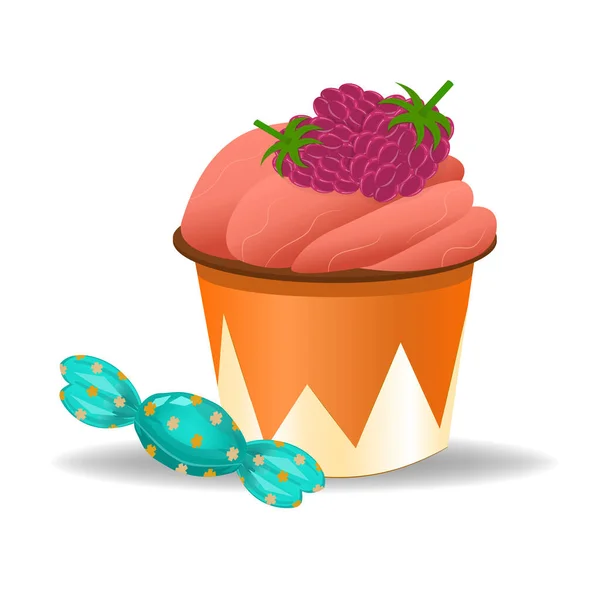Cupcake Con Frambuesas Dulces Aislados Sobre Fondo Blanco Ilustración Estilo — Archivo Imágenes Vectoriales