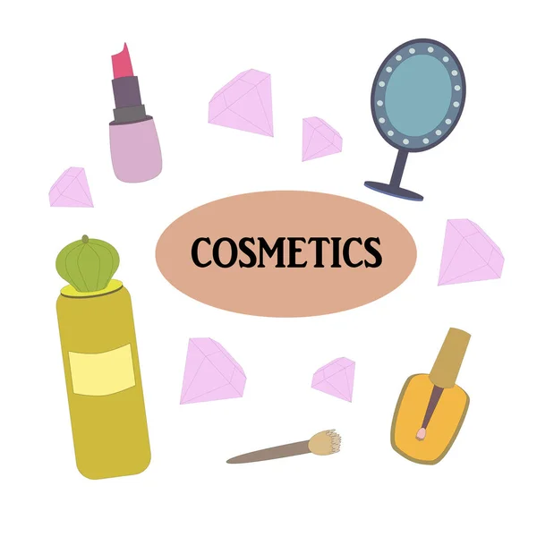 Kosmetik Aus Lippenstift Parfümflasche Nagellack Und Make Pinsel Mit Spiegel — Stockvektor
