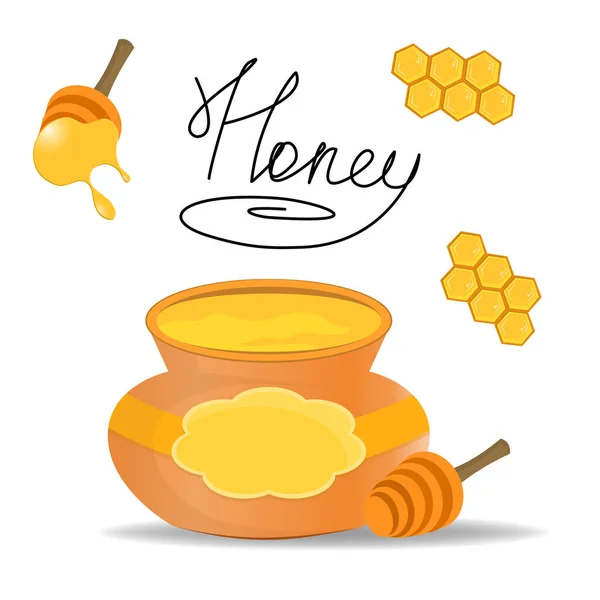 Бочонок Медом Ложками Сбора Меда Надпись Центре Набора Sweet Honey — стоковый вектор