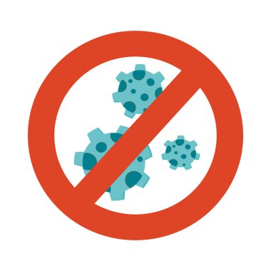 Çemberin arkasındaki mikroplar beyaz bir arkaplanda izole edilmiş. Düz çizim. Bakteri atomları kırmızı bir şeritle kesişiyor. Mikro organizmalar yok edilmeli..