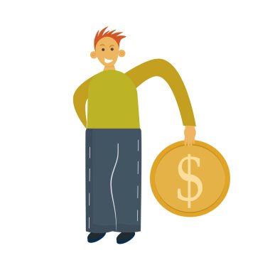 Bozuk parası olan gülümseyen bir çocuk beyaz bir arka planda izole edilir. Düz bir şekilde resmetmek. Hipertrofik uzuvları ve kare pantolonu olan genç bir adam. Öğrenci para yatırıyor..