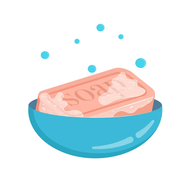 在一个白色的背景上，分离出一块粉红色的肥皂，泡沫在肥皂盘中，等距。肥皂与一个平面卡通风格的题词。期间的个人卫生用品和手部保护. — 图库矢量图片