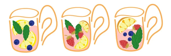 Набір чашок чаю з фруктами ізольовано на білому тлі. Напій малюють вручну, м'ята, лимон, малину, чорницю в рівному стилі. Векторні ілюстрації для відображення напоїв . — стоковий вектор