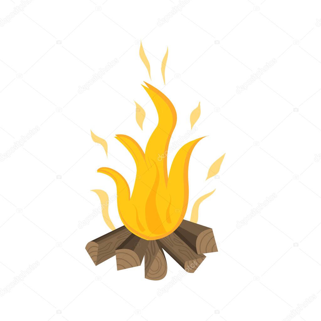 Campfire for camping and outdoor recreation is isolated on a white background. Vector illustration in a flat cartoon style. Campfire from a set of camping for demonstration of hikes and trips.