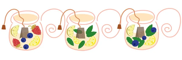 Набір чайників з чаєм і фруктами ізольовані на білому тлі. Чайники намальовані вручну у векторі, фрукти у плоскому стилі. Ілюстрація для чаювання та листівок. Чайна сумка з м'ятою, лимон — стоковий вектор