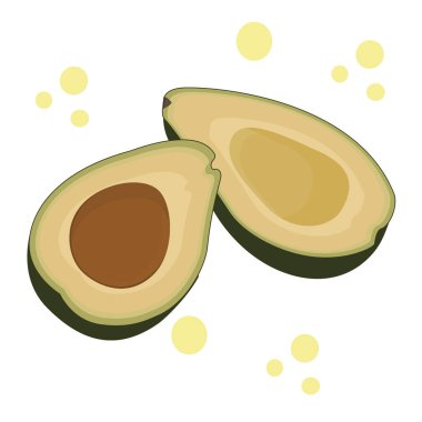 Kemikli ve kemiksiz iki sulu avokado yarım beyaz arka planda izole edilir. Basit düz bir şekilde vektör illüstrasyonu. Sağlıklı bir diyet için egzotik meyve. Gerçekçi renklerde ve sıçramalı avokado