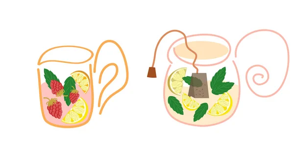 Чайний Набір Ізольовано Білому Тлі Чайник Кухоль Ятою Лимоном Чайною — стоковий вектор