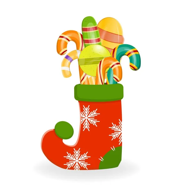 Набір цукерок у різдвяній шкарпетці ізольовано на білому тлі. Векторні ілюстрації в мультиплікаційному стилі. Цукерки в подарунок шкарпетці на Новий рік . — стоковий вектор
