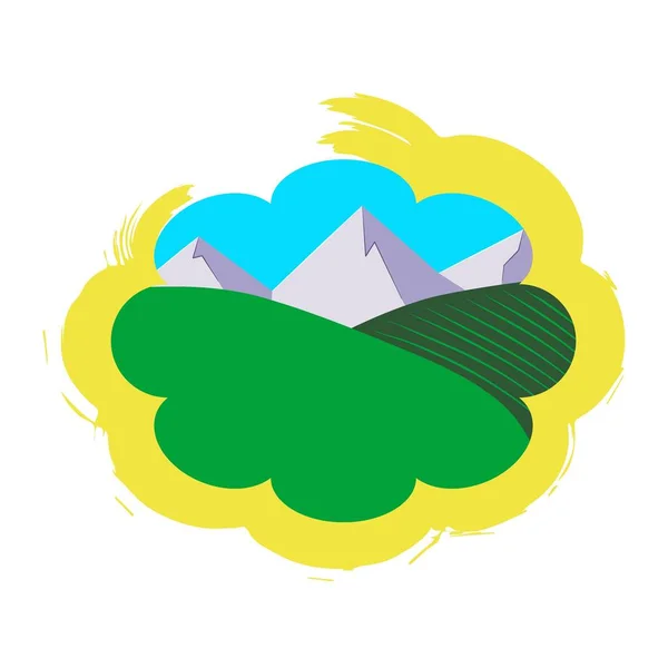 Het logo met bergen en weiden is geïsoleerd op een witte achtergrond. Vector illustratie in een eenvoudige stijl. Gele streep als de zon rond de natuur. Logo voor natuurlijke producten. — Stockvector