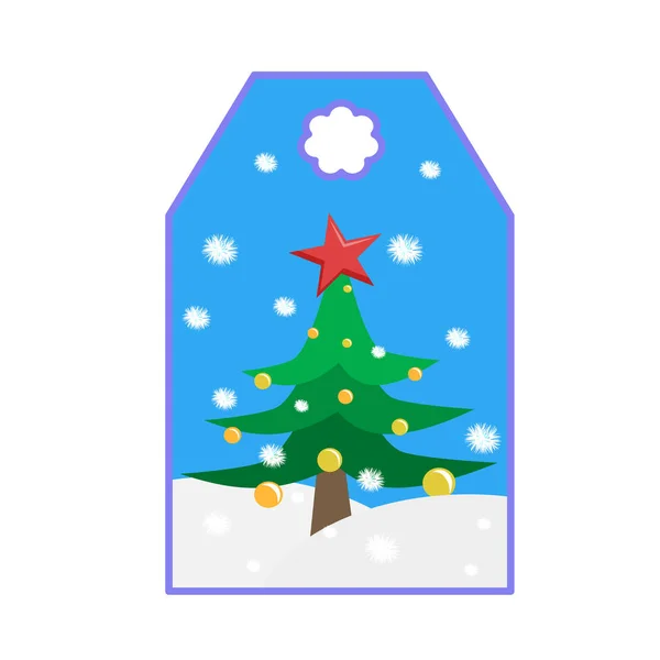 A Christmas tag with a Christmas tree and snowflakes is isolated on a white background. Christmas tree with toys and a red star in the snowdrifts. Vector illustration for new year greetings. — Stock Vector