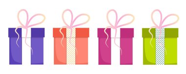 Beyaz bir arka planda izole edilmiş bir Noel hediyesi seti. Beyaz kurdeleli hediyeler ve yıldızlı bir kurdele. Fiyonklu renkli kutular. Düz bir şekilde vektör illüstrasyonu.