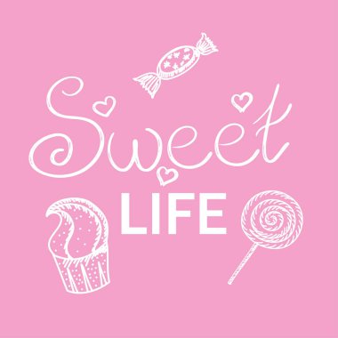 Kek, şeker ve lolipopla dolu güzel bir hayat izole edilmiş. Renkli arka planda beyaz bir taslak. Basit bir el çizimi tarzında vektör illüstrasyonu. Kartlardaki logoda harfler var..
