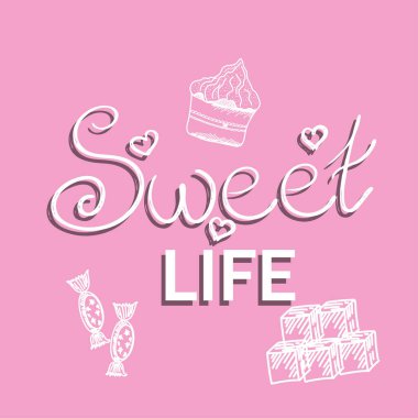 Kek, şeker ve lolipopla dolu güzel bir hayat izole edilmiş. Renkli arka planda beyaz bir taslak. Basit bir el çizimi tarzında vektör illüstrasyonu. Kartlardaki logoda harfler var..