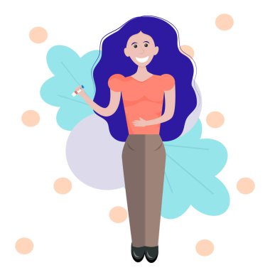 Pozitif hamilelik testi olan bir kadın beyaz arka planda izole edilir. Düz bir şekilde vektör illüstrasyonu. Hamile kız gülümsüyor ve yakında bir anne olacak. Arka planda daireler ve çiçekler.