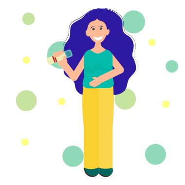 Pozitif hamilelik testi olan bir kadın beyaz arka planda izole edilir. Düz bir şekilde vektör illüstrasyonu. Hamile kız gülümsüyor ve yakında bir anne olacak. Arka planda daireler ve çiçekler.