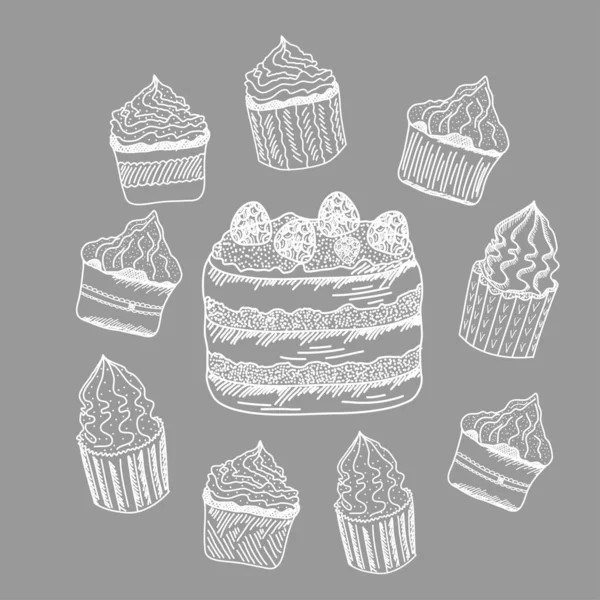 Outline Cupcakes Cake Isolated Colored Background Vector Illustration Simple Linear — Stock Vector