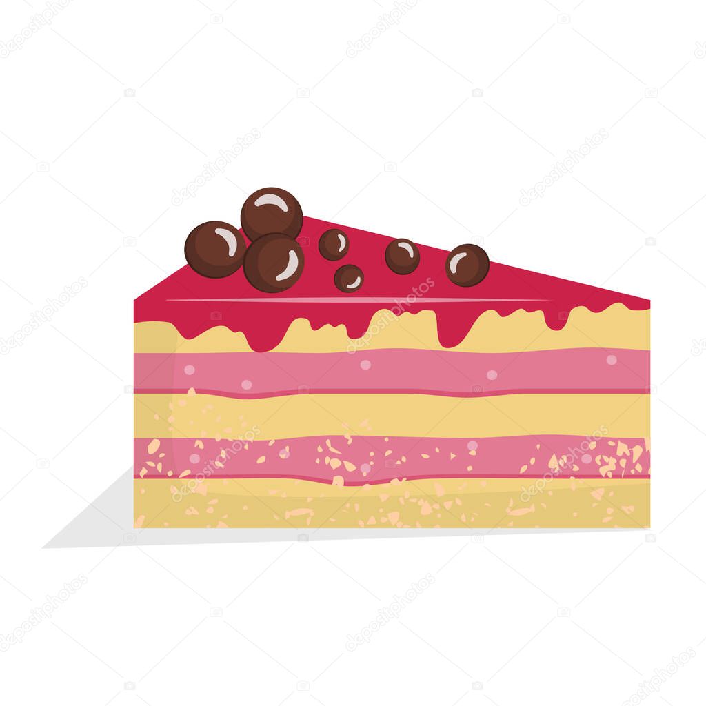 A piece of cake is isolated on a white background. Vector illustration in cartoon or detailed flat style. White sponge cake with pink cream and chocolate balls. Cake with eustory.