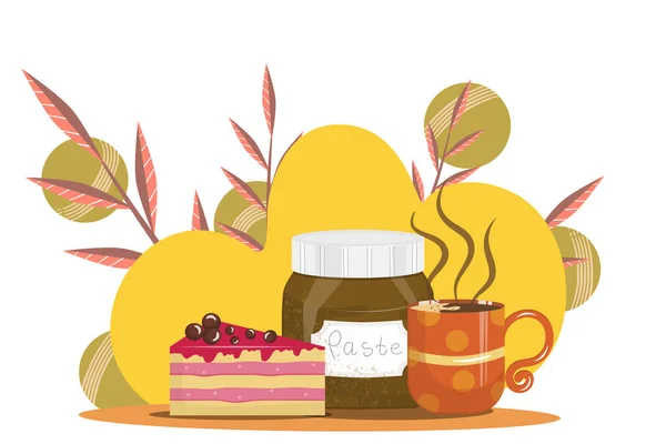 Набор сладкой пищи изолирован на белом фоне. Шоколадная паста с кусочком торта и чашкой кофе на фоне листьев. Векторная иллюстрация в детальном плоском стиле.. — стоковый вектор