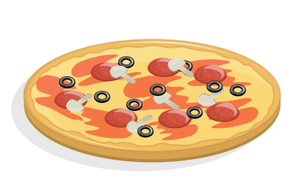 Chutná pizza izolované na bílém pozadí. Vektorová ilustrace v plochém kresleném stylu. Pizza s houbami, salámovou klobásou a olivami s červenou omáčkou.. — Stockový vektor