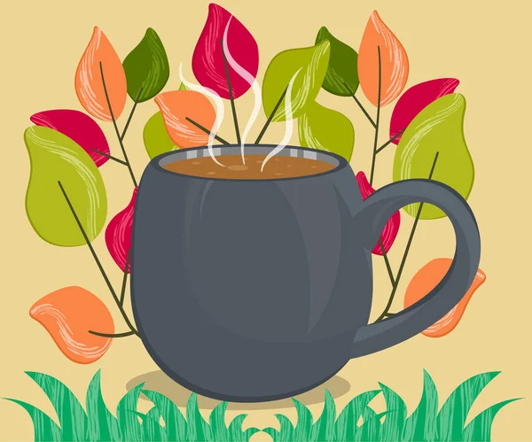 Uma xícara de café perfumado no fundo de folhas coloridas de outono. Bebida quente para noites de outono e conforto em casa. Ilustração vetorial em estilo de desenho animado plano.. — Vetor de Stock