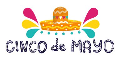 Cinco de Mayo - 5 Mayıs, Meksika 'da beyaz arka planda izole edilmiş sombrero yazılı federal bayram. Çizgi film tarzında vektör illüstrasyonu. Çanlar çalan ve parlak şapkalar..